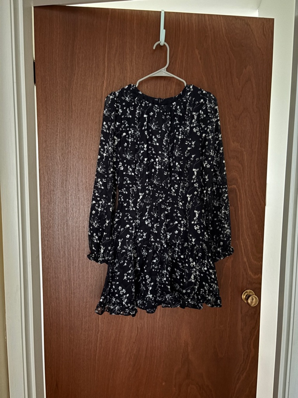 Lulu's Navy Floral Ruffle Hem Long-Sleeve Dress